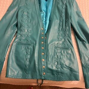 Teal Leather Jacket with Button Detailing
